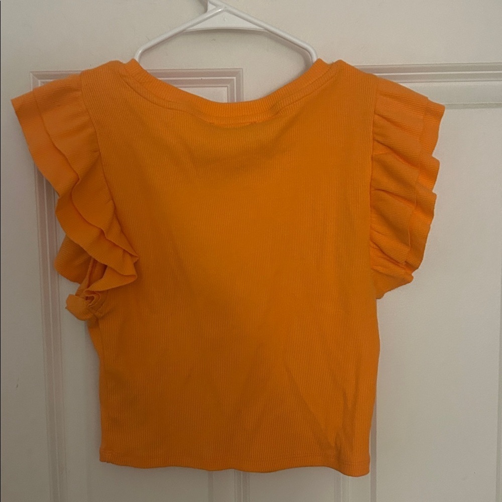 Zara Orange Ruffle Crop Top size medium sleeveless ribbed shirt cotton blend - Picture 2 of 5